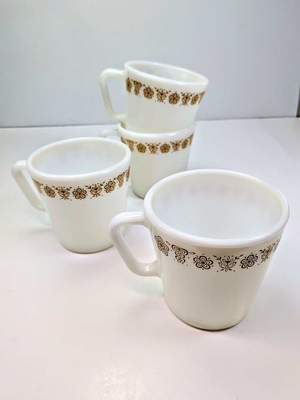 Vintage Pyrex Butterfly Gold Coffee Cups  4 Piece Lot (No. 1410) Mugs Milk Glass
